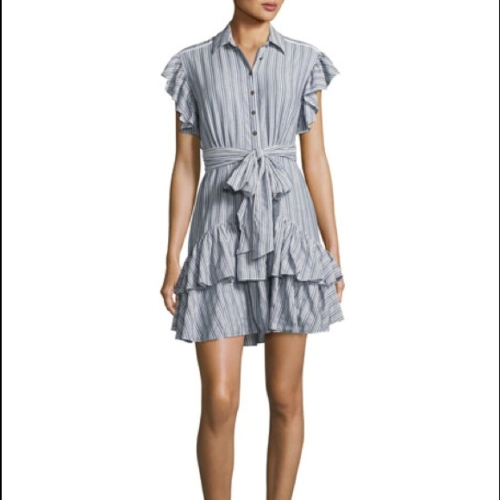 Rebecca Taylor Cap-Sleeve Striped Ruffled Dress